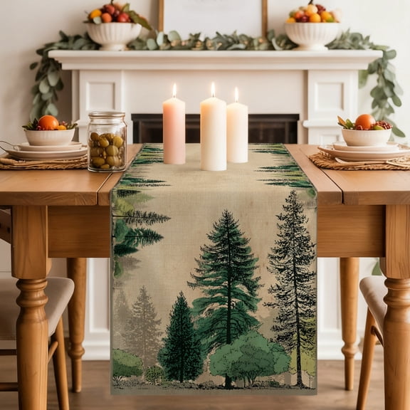 Pine Tree Dining Table Runner, Modern Green Gray Forest Botanical Brown Country Washable Table Runners Kitchen Coffee Table Center Decor for Home Party Holiday Wedding 13 x 36 Inches