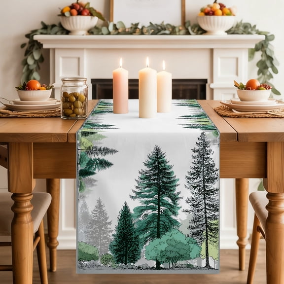 Pine Tree Dining Table Runner, Modern Green Gray Forest Botanical Foggy Style Farmhouse Washable Table Runners Kitchen Coffee Table Center Decor for Home Party Holiday Wedding 13 x 60 Inches