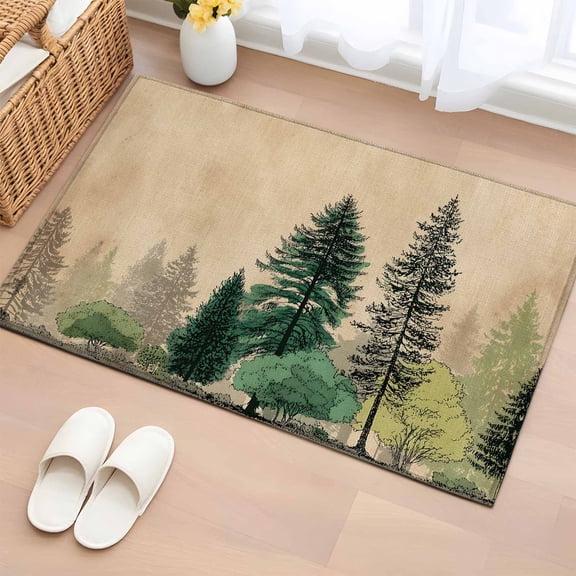 Pine Tree Entryway Rug 2'x3' Modern Green Gray Forest Botanical Brown Country Small Area Rug Non-Slip Front Door Mat Washable Floor Carpet for Indoor Entrance Kitchen Bathroom