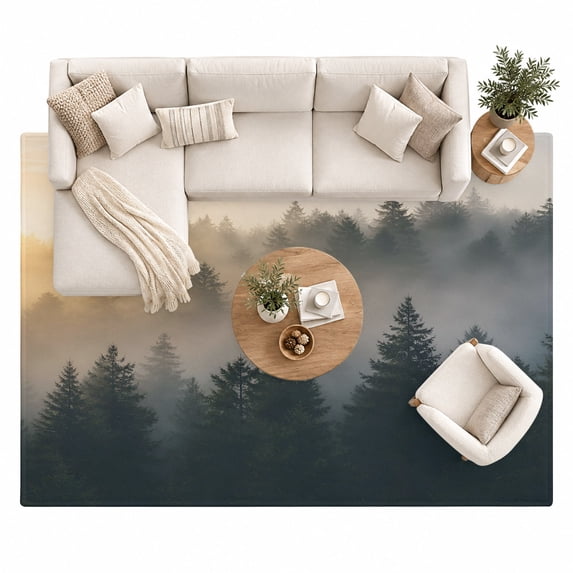 Pine Tree Forest Area Rug 8'x10', Farmhouse Mist Mountain Nature ...