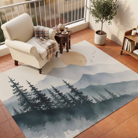 Pine Tree Forest Area Rugs 8'x10', Washable Small Throw Rugs for Living Room Patio, Boho Sunset Flying Birds Vintage Rustic Indoor Outdoor Rug Non-Slip Low Pile Carpet Runner Reversible Floor Mats