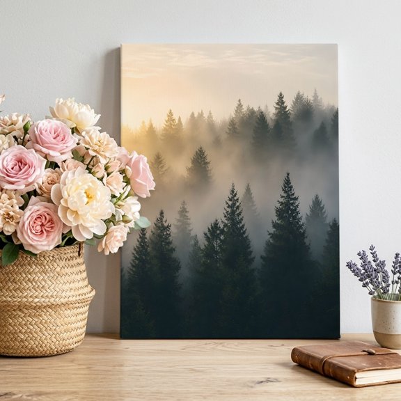 Pine Tree Forest Canvas Wall Art, Farmhouse Mist Mountain Nature Landscape Pictures Wall Decor Wooden Framed Artwork Art Prints for Living Room Hallway Bedroom Office 8"x10"