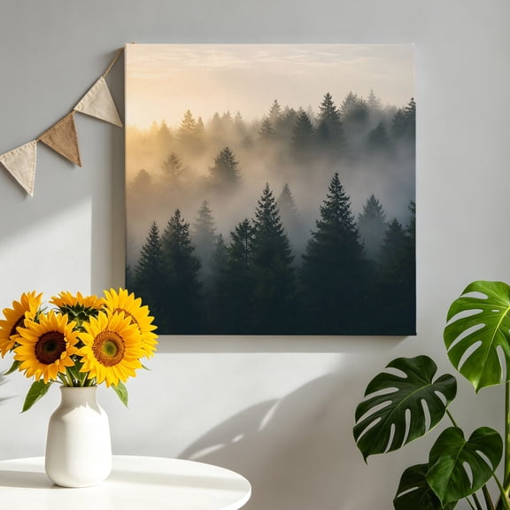 Pine Tree Forest Canvas Wall Art for Living Room, Farmhouse Mist Mountain Nature Landscape Poster Print Painting for Bedroom Office Home Decoration Wall Pictures Prepare To Hang 8"x8"