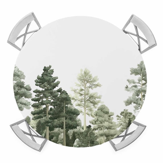 Pine Tree Forest Elastic Fitted Round Table Cover Forest Green Waterproof Outdoor Tablecloth for Holiday Party, Picnic, Patio & Dining Fits Tables Up to 55"-60"