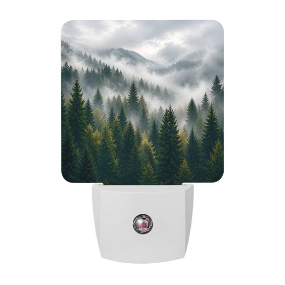 Pine Tree Forest LED Night Light, Foggy Mountain Peaks Dense Woodland Landscape Night Lights plug into Wall with Smart Sensor Dusk to Dawn Sensor for Nursery Bedroom 2.95x4.5in