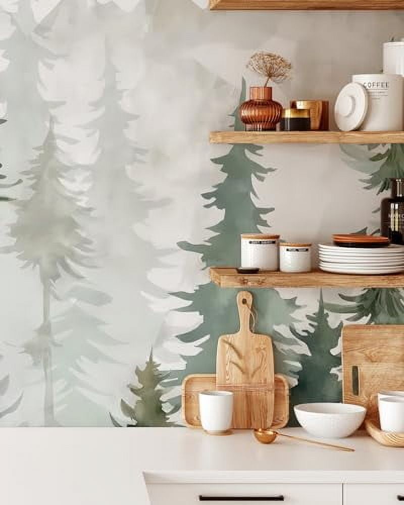 Pine Tree Forest Mural | Foggy Mountains Peel and Stick Wallpaper ...