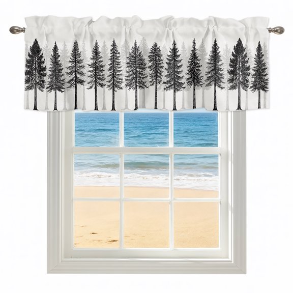 Pine Tree Forest Valances for Windows, Rod Pocket Kitchen Valance Curtains - Soft & Washable Small Window Treatment for Living Room, Bathroom, Black Woodland Landscape 42x12inch, 1 Panel