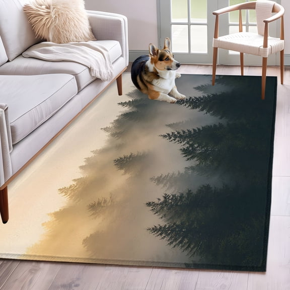 Pine Tree Forest Washable Area Rug 3x5 Farmhouse Mist Mountain Nature Landscape Low-Profile Large Area Rugs with Non Slip Backing Indoor Floor Carpet for Entrance Living Room Bedroom Home Office