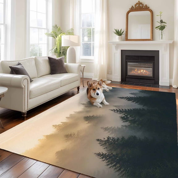 Pine Tree Forest Washable Area Rug 8x10 Farmhouse Mist Mountain Nature Landscape Low-Profile Large Area Rugs with Non Slip Backing Indoor Floor Carpet for Entrance Living Room Bedroom Home Office