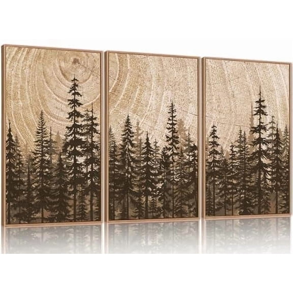 Pine Tree Framed Canvas Wall Art Set, Natural Woodland Landscape Wall Decor, Large Retro Forest Painting, Vintage Brown Artwork for Living Room, Bedroom, Kitchen, Study, Office - 16"x24"x3