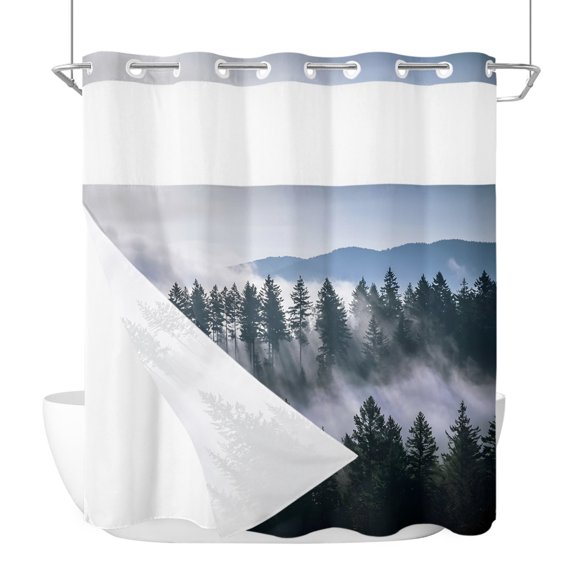 Pine Tree No Hook Shower Curtain with Snap in Liner, Rustic Deep Green Mist Evergreen Forest Sun Rays Waterproof Shower Curtains with See Through Top Window Liner for Bathroom, 72x78 Inches