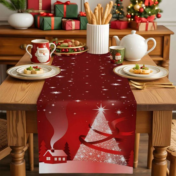 Pine Tree Merry Christmas Red Ombre Table Runner 13x36in Non-Slip Cotton Linen Table Runners, Winter Snowflake Star Dresser Scarves TableRunner for Dinner Kitchen Dining Wedding Party