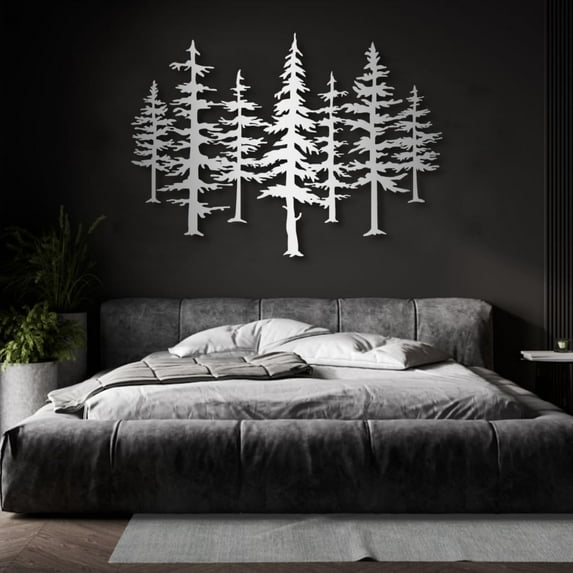 Pine Tree Metal Wall Art, Big Pine Trees Metal Wall Decor, Metal Minimalist Pine Wall Art, Nature and Forest Decor, Nature Lover Gift (Silver, 33" x 24" / 86 x 62 cm)