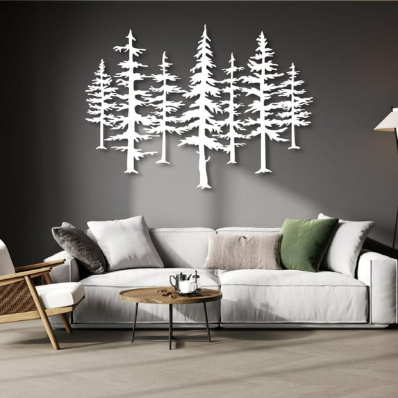 Pine Tree Metal Wall Art, Big Pine Trees Metal Wall Decor, Metal Minimalist Pine Wall Art, Nature and Forest Decor, Nature Lover Gift (White, 41" x 29" / 105 x 76 cm)