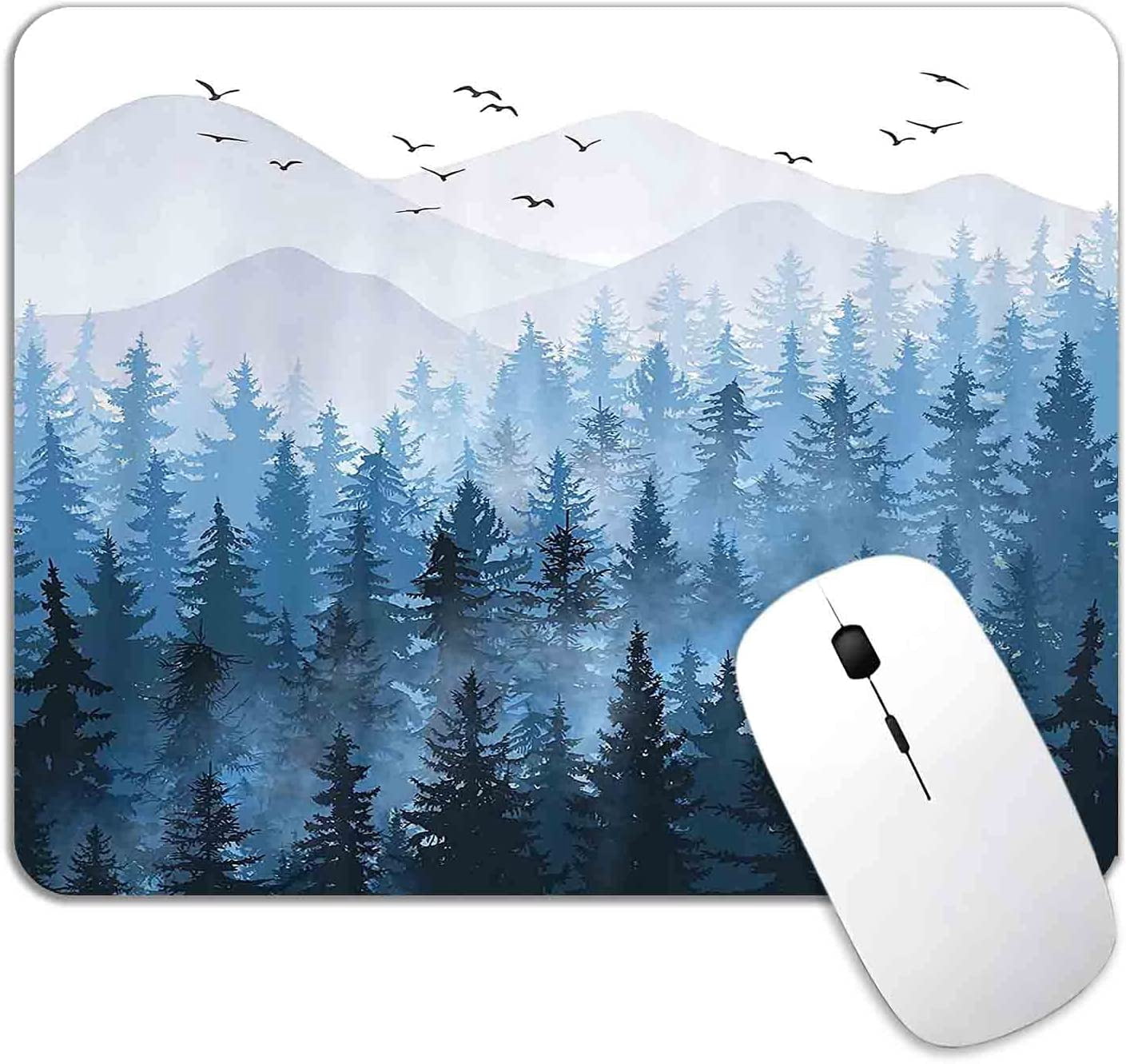 Pine Tree Mouse Pad, Blue Misty Forest Mouse Pad, Landscape Waterproof ...