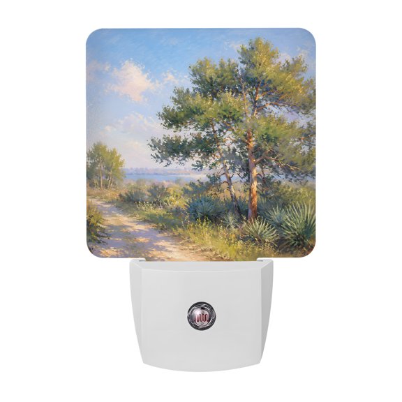 Pine Tree Night Lights Plug Into Wall, LED Dusk to Dawn Sensor Night Light, Rustic Path Grass Pastoral Plants Countryside Nightlight for Bedroom Bathroom Living Room Hallway Home Wall Decor