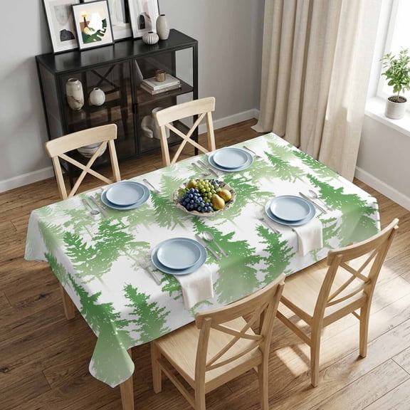 Pine Tree Rectangle Tablecloth 52x70 Inch Nature Foggy Forest Green Ombre Waterproof Polyester Tablecloth for Dining Table, Washable Table Cover for Kitchen Dining Room Decoration,Stain Resistant