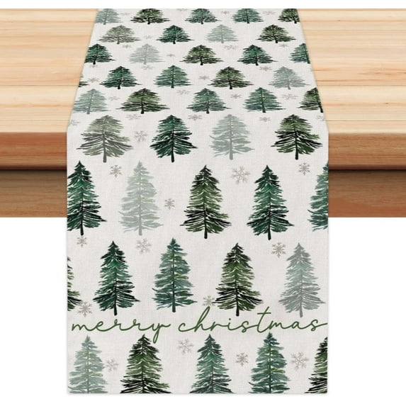 Pine Tree Snowflake Merry Christmas Table Runner, Seasonal Winter Christmas Holiday Kitchen Dining Table Decoration for Indoor Outdoor Home Party Decor 13 x 72 Inch
