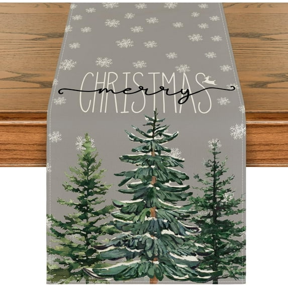 Pine Tree Snowflake Merry Christmas Table Runner, Seasonal Winter Xmas Holiday Kitchen Dining Table Decoration for Indoor Outdoor Home Party Decor 13 x 108 Inch