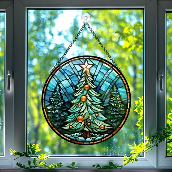 Pine Tree Stained Glass Suncatcher, Pine Tree Glass Suncatchers for Windows For Merry Christmas