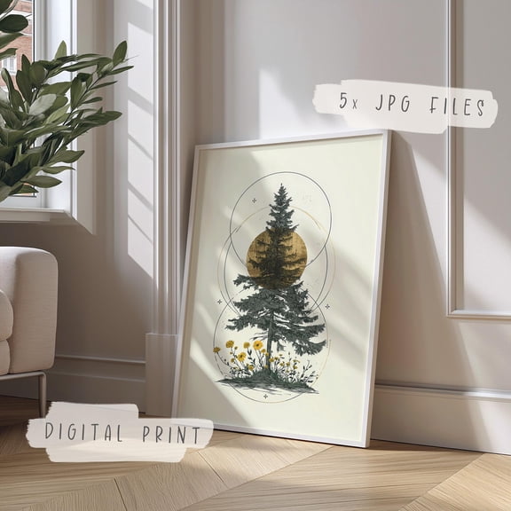 Pine Tree Sun Poster Forest Nature Poster Boho Geometry Wall Art Botanical Woodland Decor Spiritual Home Poster, Poster Only