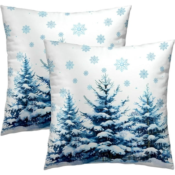 Pine Tree Throw Pillow Covers 16x16 Inches Set of 2 Winter Snowy Falling Snowflakes Trees Blue Winter Pillowcase for Bedroom Living Room Cushion Sofa
