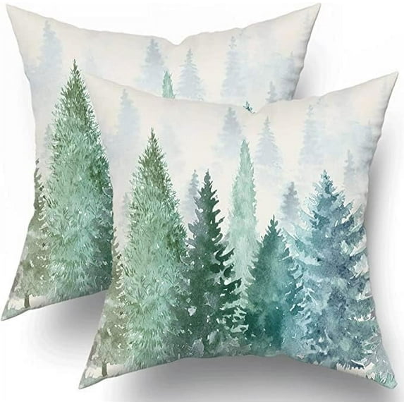 Pine Tree Throw Pillow Covers 20x20 Set of 2 Watercolor Blue Green Cotton Square Rustic Style Natural Forest Fog Print Decorative Pillowcase Spring Summer Cushion Cover for Home Sofa Bed Outdoor