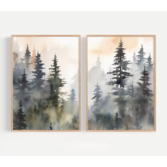 Pine Tree Wall Art Forest Watercolor Painting Evergreen Tree Print Green Brown Wall Decor Pines Artwork Set 2