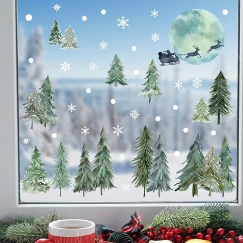 Colourful Tree Window Sticker Pine Tree Window Stickers Double Sided Christmas Window Decals Moon ...