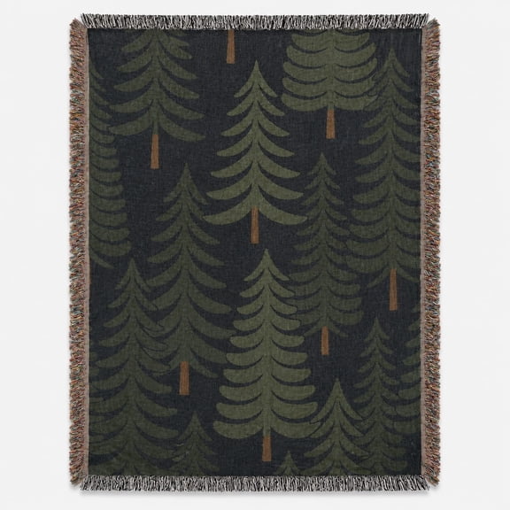 Pine Tree Woven Cotton Throw Blanket, Evergreen Forest Fringed Cabin Blanket for Sofa & Couch