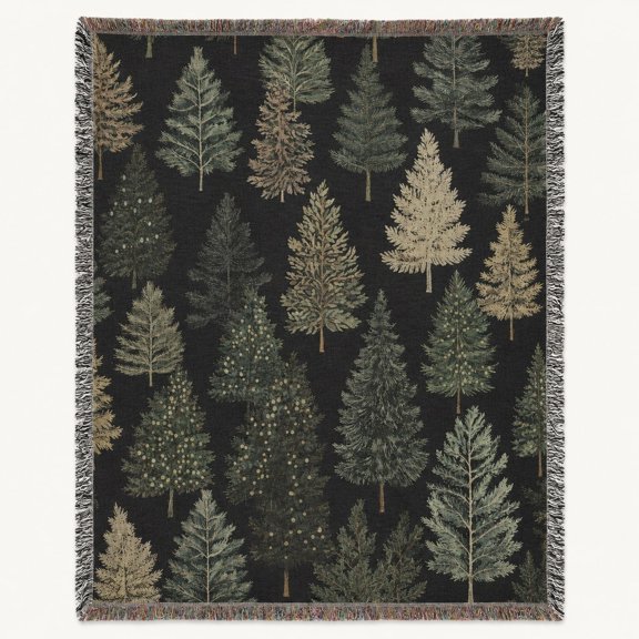 Pine Tree Woven Cotton Throw Blanket with Fringe, Forest Botanical Decor