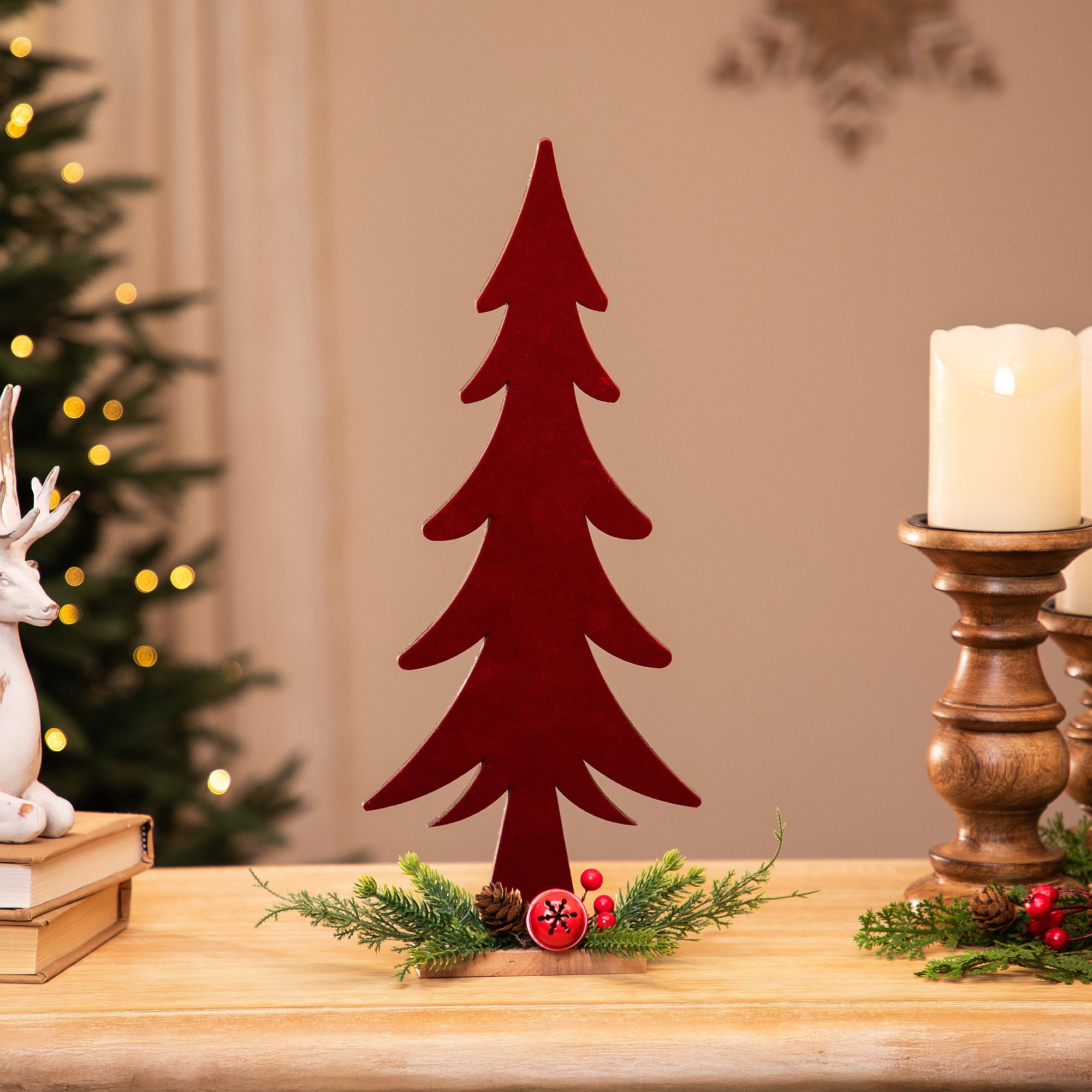 Pine Tree and Jingle Bell Christmas Decoration - 15.5"- Red and Green