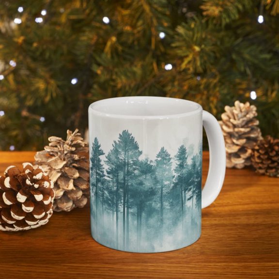 Pine Tree est Mug, Silhouette Art Pattern On White Ceramic, Nature Lover Gift.