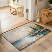 Pine Trees 2'x3' Small Rugs for Entryway Front Door Kitchen Sink Area, Rustic Green Blue Forest Shore Wilderness Landscape Soft Sturdy Mats Washable Non Slip Rectangle Area Rug