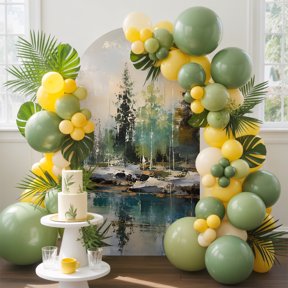 Pine Trees Arch Backdrop Cover, 4FT, Rustic Green Blue Forest Shore Wilderness Landscape Spandex Arch Covers Double-Sided Backdrop for Wedding Birthday Party Photo Background Decoration