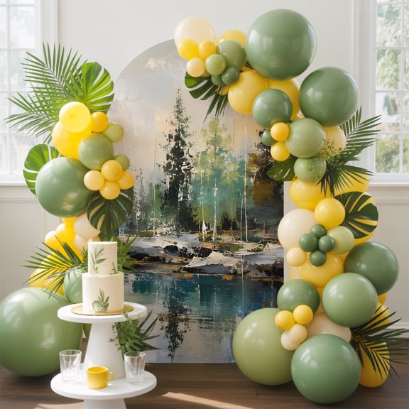 Pine Trees Arch Backdrop Cover, 4FT, Rustic Green Blue Forest Shore Wilderness Landscape Spandex Arch Covers Double-Sided Backdrop for Wedding Birthday Party Photo Background Decoration