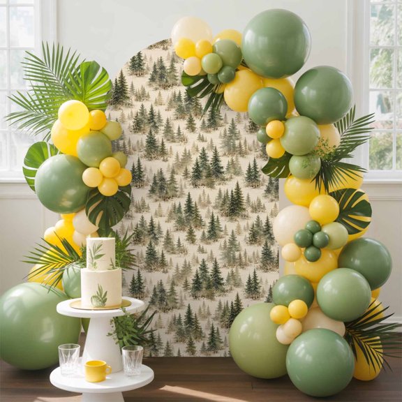 Pine Trees Arch Backdrop Cover, 4FT, Rustic Wilderness Green Evergreen Forest Woodland Spandex Arch Covers Double-Sided Backdrop for Wedding Birthday Party Photo Background Decoration