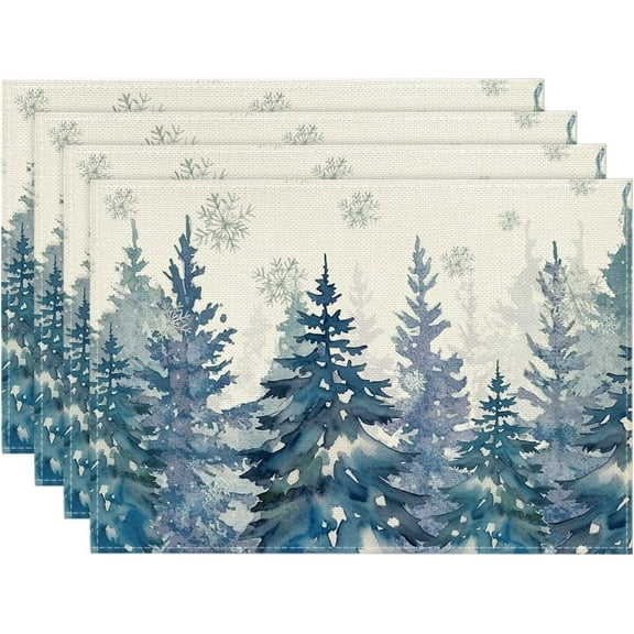 Pine Trees Blue Winter Placemats Set of 4, 12x18 Inch Seasonal Holiday Christmas Place Mats for Party Dining Table