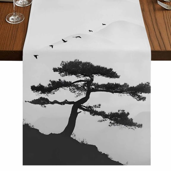 Pine Trees Burlap Cotton Table Runner 13x90 Inches Long, Modern Nature Foreset Mountains Birds Farmhouse Table Runners, Outdoor Dining Tablecloths Decor for Baby Shower/Party/Wedding