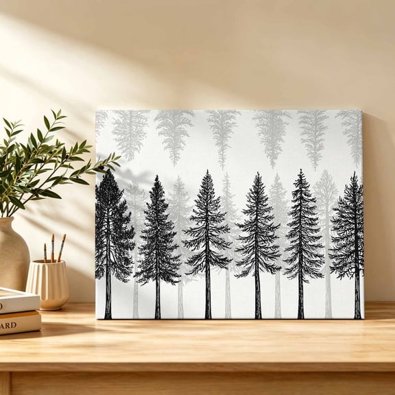 Pine Trees Canvas Wall Art, Rustic Minimalist Nature Black White Forest Landscape Wall Art Prints Artwork Framed Canvas Ready to Hang Art Pictures for Bathroom Bedroom Entry Desk Corner 10" x 8"