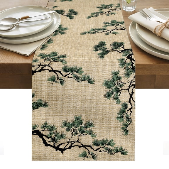Pine Trees Cotton Linen Table Runner Plant Japanese Style Spring Vintage Linen Dining Table Runners for Home Decor Party Dining Room Restaurant Kitchen Party 13" x 36"