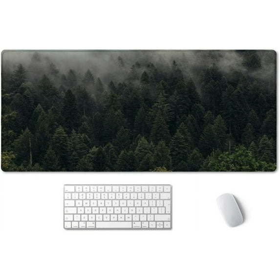 Pine Trees Desk Pad, Extended Gaming Mouse Pad (35.4x15.7 in), Large Non-Slip Rubber Base Mousepad with Stitched Edges, Waterproof Keyboard Mouse Pad Desk Mat for Work, Game, Office, Home