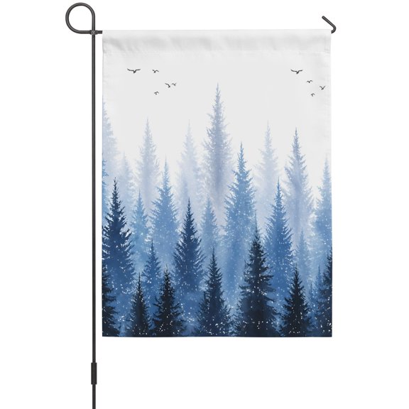 Pine Trees Forest Garden Flag 12 x 18 Inches, Blue Ombre Watercolor Nature Landscape Weather Proof Outdoor Patio Flags Double Sided Small Garden Decoration for Yard Outside Home