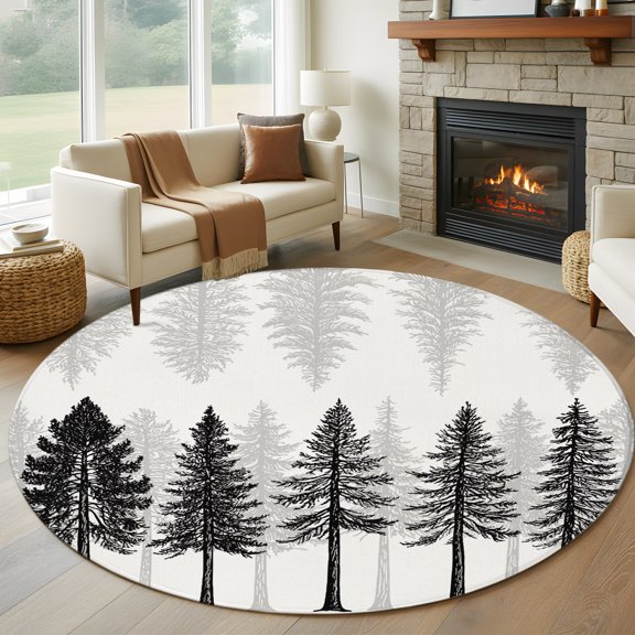 Pine Trees Forest Landscape Round Rug 5ft Black Trees Silhouette on Beige Washable Area Rugs for Living Room Bedroom Entryway Non Slip Entrance Door Mat Indoor Floor Carpet