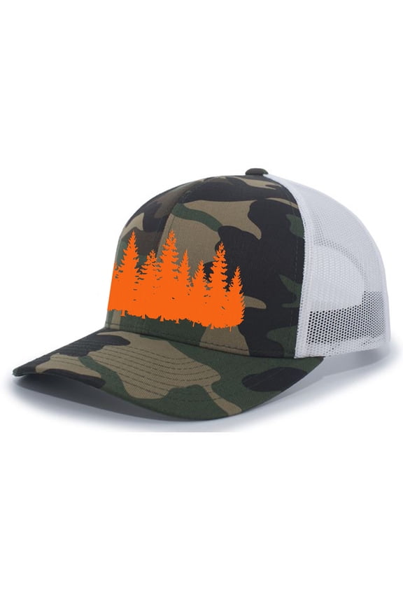 Pine Trees Forest Tamarack Woods Men's Embroidered Mesh Back Trucker Hat, Army/White