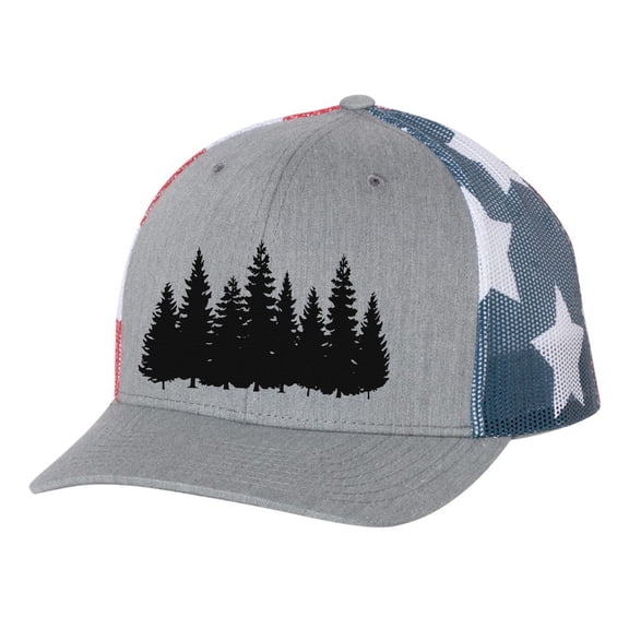 Pine Trees Forest Tamarack Woods Men's Embroidered Mesh Back Trucker Hat, Heather Grey/American Flag Mesh