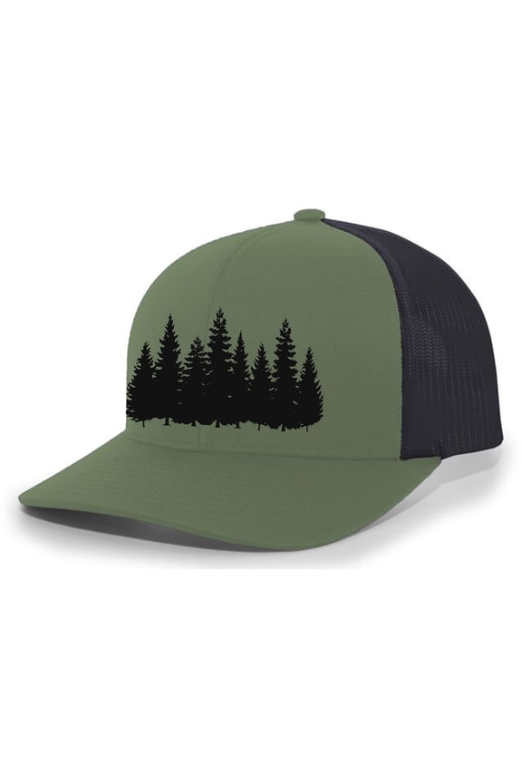 Pine Trees Forest Tamarack Woods Men's Embroidered Mesh Back Trucker Hat, Loden/Black