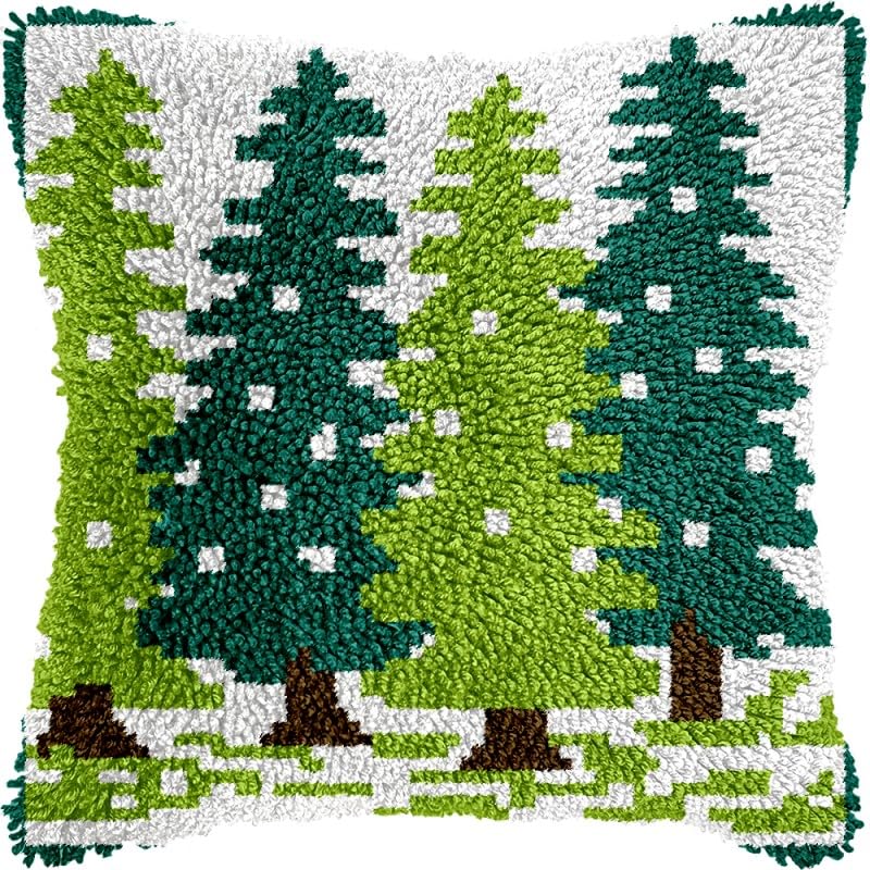 Pine Trees Latch Hook Pillow Kits Pillow Cover with Pattern Printed Canvas Sofa Hooking Pillowcase Cushion Crafts Embroidery Latch Hooking Crochet Starter Kits 17x17 inch(1)