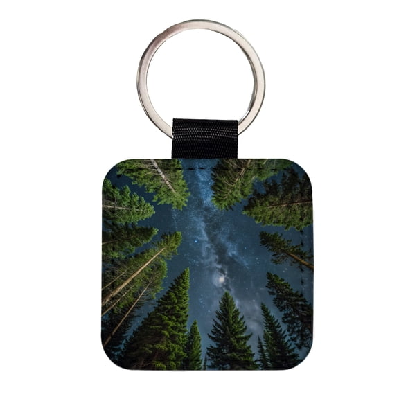 Pine Trees Looking Up Star Packed Sky Faux Leather Square Keychain