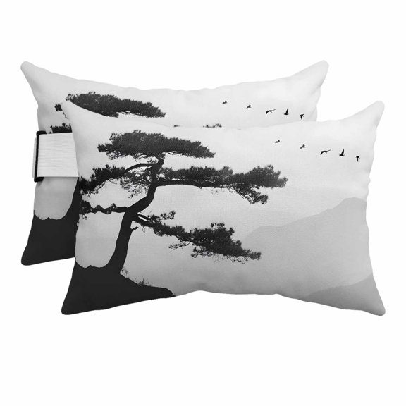 Pine Trees Outdoor Pillows for Chaise Lounge Chair Beach Headrest Pillow Set of 2 Waterproof Lumbar Pillows with Insert&Adjustable Strap Modern Nature Foreset Mountains Birds Pool Pillow 11"x16"